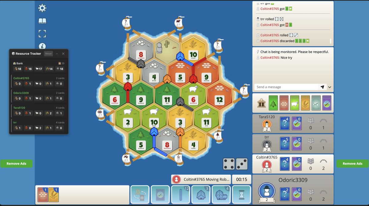 Resource tracker overlay showing live bank and player hand counts during a four player colonist.io game