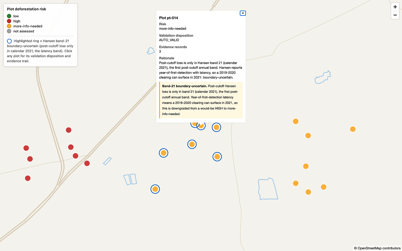 Plot risk map marking deforestation risk per plot with an open popup showing one plot's validation disposition and evidence records
